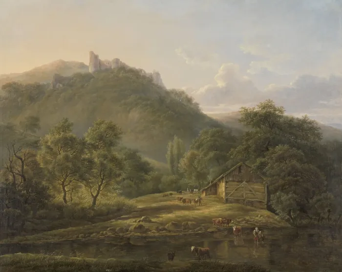 Framed Print : Landscape at the Sambre, by Edouard Delvaux, 1826-28, Belgian, painting, oil on canvas. Woman carry lamb wades through the Sambre River, with a child