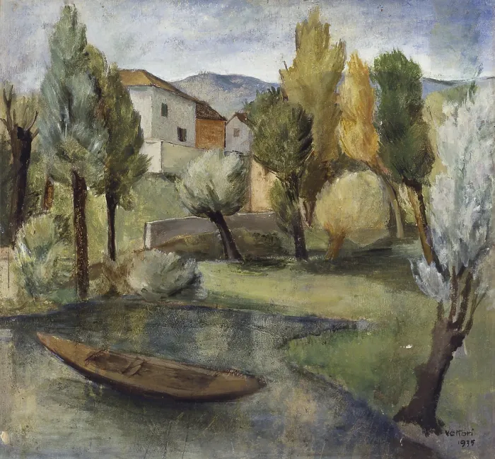Framed Print : Landscape with a Ship, by Luigi Vettori, 1935, 20th Century, mixed technique on board - Italy, Friuli Venezia Giulia, Pordenone, Civic Museum. Whole artwork view