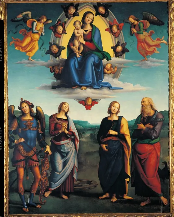 Framed Print : Landscape with Silvia and Satyr, by Pietro Vannucci known as Perugino, 1500 about, 16th Century, oil on panel, cm 276 x 213 - Italy, Emilia Romagna, Bologna, National Art Gallery