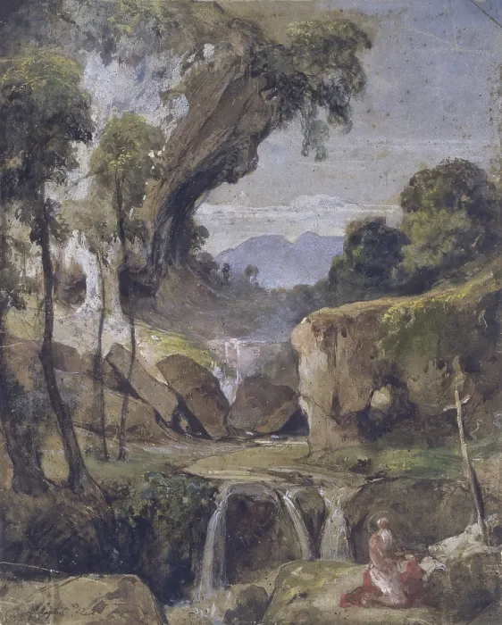 Framed Print : Landscape with St. Jerome, by Giacinto Gigante, 1852, 19th Century, watercolor on paper - Italy, Campania, Naples, National Museum in Capodimonte. Whole artwork view