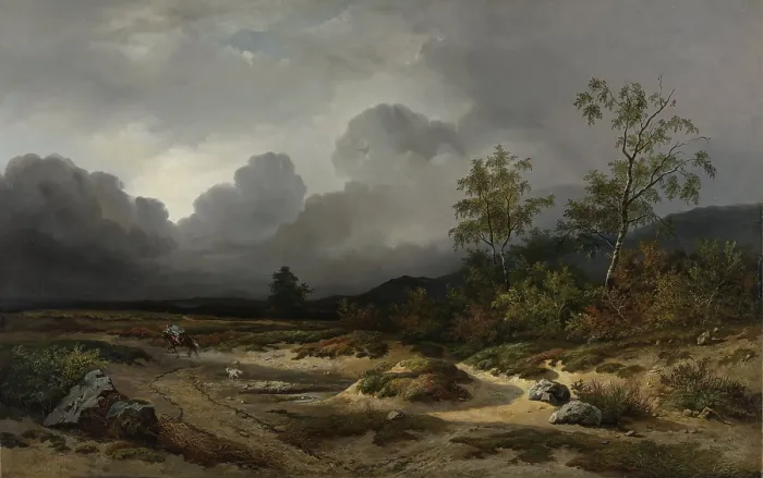 Framed Print : Landscape with a Thunderstorm Brewing, by Willem Roelofs 1st, 1850, Dutch painting, oil on canvas. A horseman endures winds of the coming thunder-storm in this Romantic landscape Framed Print : Landscape with a Thunderstorm Brewing, by Willem Roelofs 1st, 1850, Dutch painting, oil on canvas. A horseman endures winds of the coming thunder-storm in this Romantic landscape
