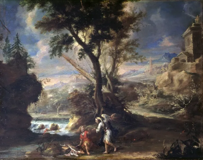 Framed Print : Landscape with Tobias and the Angel, by Giuseppe Amadeo, 1716, 18th Century, oil on canvas - Italy, Lombardy, Milan, Castello Sforzesco, Civic Collections of Ancient Art