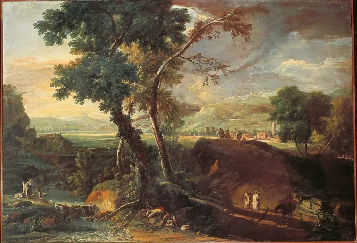 Framed Print : Landscape with a Torrent and Monks, by Marco Ricci, 1715 about, 18th Century, canvas, cm 136 x 198 - Italy, Veneto, Venice, Accademia Art Galleries. All Framed Print : Landscape with a Torrent and Monks, by Marco Ricci, 1715 about, 18th Century, canvas, cm 136 x 198 - Italy, Veneto, Venice, Accademia Art Galleries. All