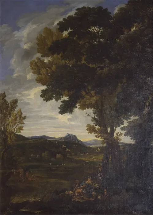 Framed Print : Landscape with travelers, by Crescentius Onofri, 17th century, oil on canvas. - Italy, Tuscany, Castello, Villa La Petraia. Whole artwork view Framed Print : Landscape with travelers, by Crescentius Onofri, 17th century, oil on canvas. - Italy, Tuscany, Castello, Villa La Petraia. Whole artwork view