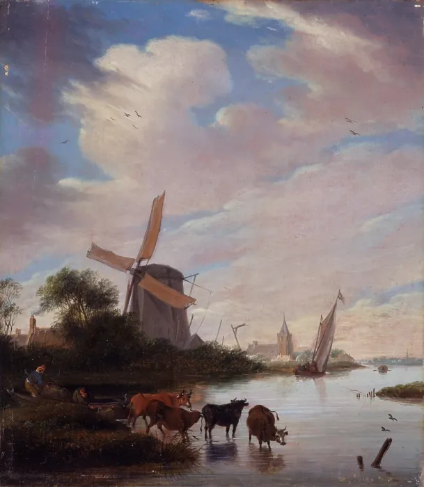 Framed Print : Landscape with Windmill Near a River, Unknown Dutch Artist, 1630 - 1699, 17th Century, oil on board, 30 x 27 cm - Italy, Lombardy, Milan, Castello Sforzesco