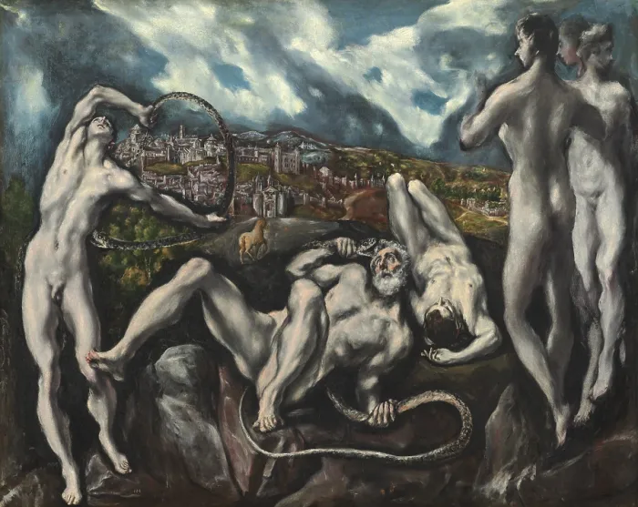 Framed Print : Laocoon, by El Greco, 1610-14, Greek / Spanish painting, oil on canvas. Laocoon, a Trojan priest and his two sons are attacked by giant serpents sent by Athena