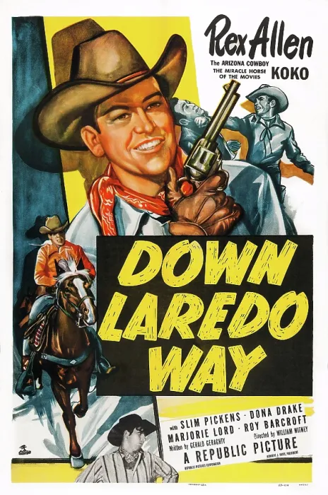 Framed Print : DOWN LAREDO WAY, US poster, Rex Allen (horseback and gun), Slim Pickens (bottom), 1953 Framed Print : DOWN LAREDO WAY, US poster, Rex Allen (horseback and gun), Slim Pickens (bottom), 1953