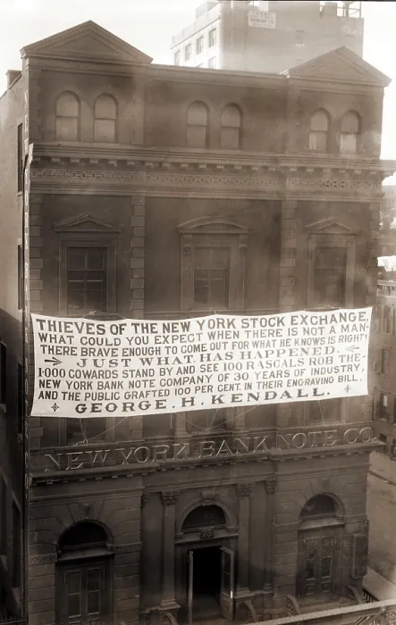 Framed Print : Large banner blaming The Thieves of the New York Stock Exchange for robbing the New York Bank Note Co. of 30 years of industry. Ca. 1905-1915
