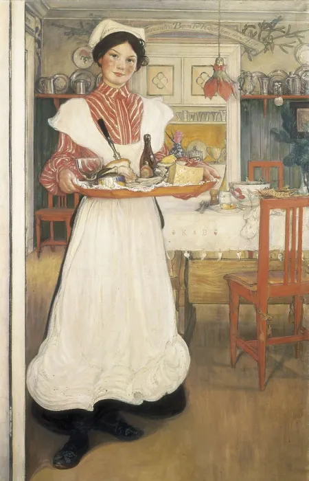 Framed Print : LARSSON, Carl Olaf (1853-1919). Martina carrying the breakfast on a tray. 1904. Watercolour. ITALY. Venice