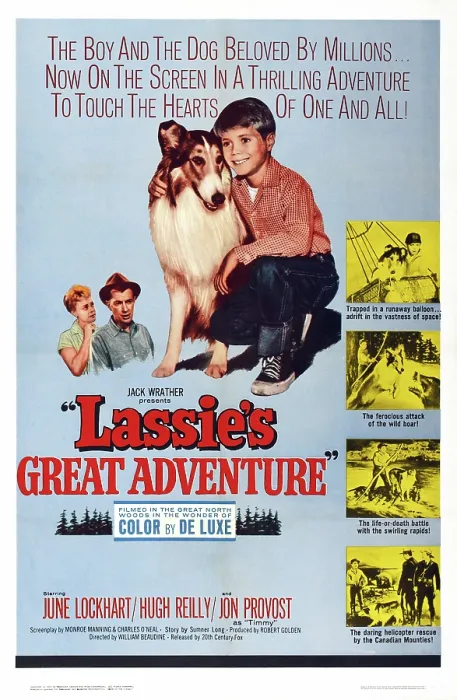 Framed Print : LASSIE'S GREAT ADVENTURE, US poster art, from left: June Lockhart, Hugh Reilly, Lassie, Jon Provost, 1963