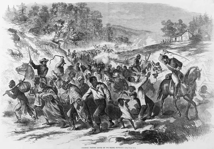 Framed Print : In late 1862, Rebel cavalry officers drove Virginia slaves south, away from Union Army lines to prevent their escape