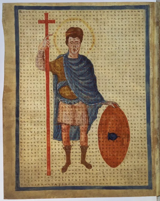 Framed Print : De Laudibus Sanctae Crucis. Louis the Pious, ca. 810 - 814, 9th Century, miniature - Vatican City, Apostolic Vatican Library. Whole artwork view