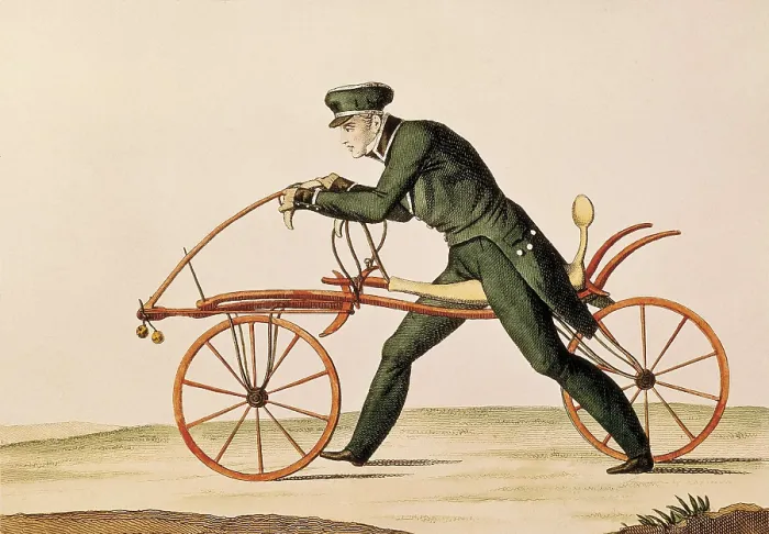 Framed Print : Laufmaschine (running machine), named Draisine, bicycle invented by Baron Karl Christian Ludwig Drais von Sauerbronn in 1817. Etching. FRANCE. Paris
