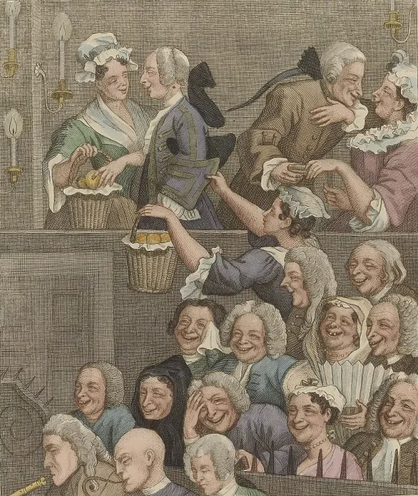 Framed Print : THE LAUGHING AUDIENCE, by William Hogarth, c. 1761, British etching. Three rows of seats behind the orchestra are filled with laughing theater goers