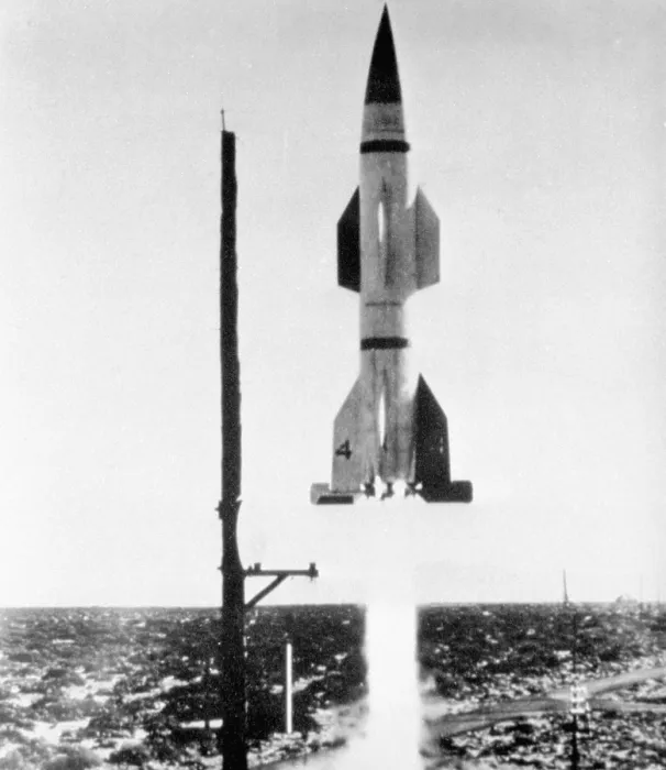 Framed Print : Launch of the first Hermes A-1 rocket at White Sand Proving Ground. It combined the Herman V-2 exterior shape with entirely new internal design. May 5, 1950