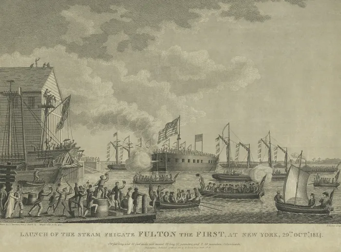 Framed Print : The launching of the Fulton, the first warship to be propelled by a steam engine