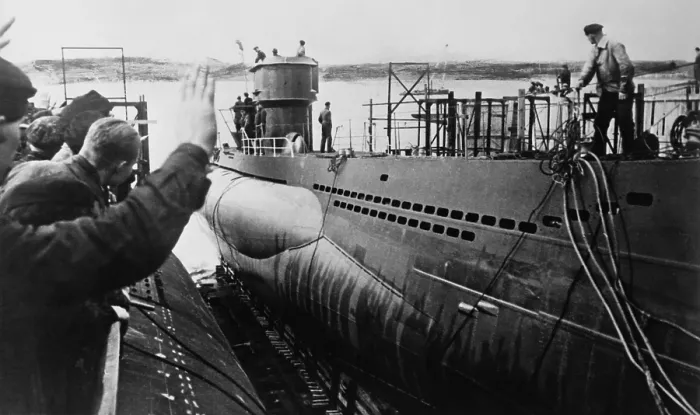 Framed Print : Launching of a German U-Boat during World War 2, ca. 1943 or 1944. (BSLOC_2013_11_108)