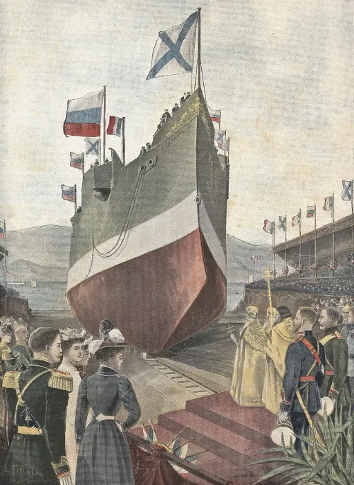 Framed Print : Launching of the Russian armored warship 'Cesarevitch' in the Toulon shipyards. Illustration from 'Le Petit Journal' (March 17th1901)