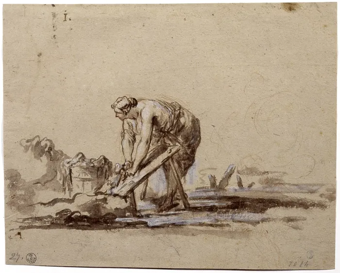Framed Print : Laundress, by Alessandro Magnasco known as Lissandrino, 17th - 18th century, watercolor on brown paper, red and white pencil traces