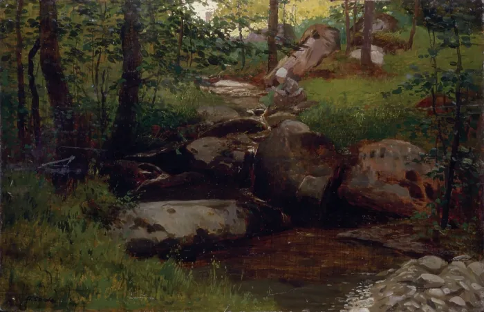 Framed Print : Laundress at a Torrent (Lavandaia al torrente), by Demetrio Cosola, 1875 - 1895, 19th Century, oil on board - Private collection. Whole artwork view