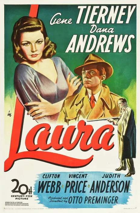 Framed Print : LAURA, l-r: Gene Tierney, Dana Andrews on poster art, 1944, TM and Copyright 20th Century Fox Film Corp. All rights reserved. / courtesy Everett Collection