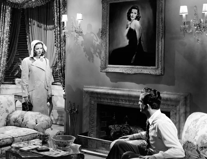 Framed Print : LAURA, from left: Gene Tierney (and in painting), Dana Andrews, 1944, TM & Copyright 20th Century Fox Film Corp. / courtesy Everett Collection