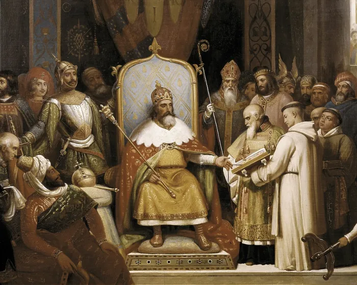Framed Print : LAURE, Jean Franois Hyacinthe Jules (1806-1861). Alcuin presenting himself before Charlemagne. 1837. Central detail. Copy of a Victor Schnetz's work conservated at the Louvre