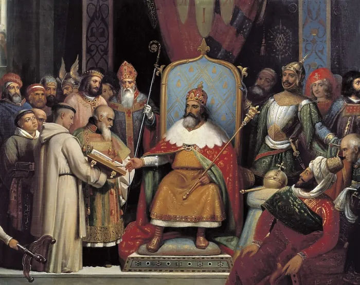 Framed Print : LAURE, Jean Franois Hyacinthe Jules (1806-1861). Alcuin presenting himself before Charlemagne. 1837. Central detail. Copy of a Victor Schnetz's work conservated at the Louvre Framed Print : LAURE, Jean Franois Hyacinthe Jules (1806-1861). Alcuin presenting himself before Charlemagne. 1837. Central detail. Copy of a Victor Schnetz's work conservated at the Louvre