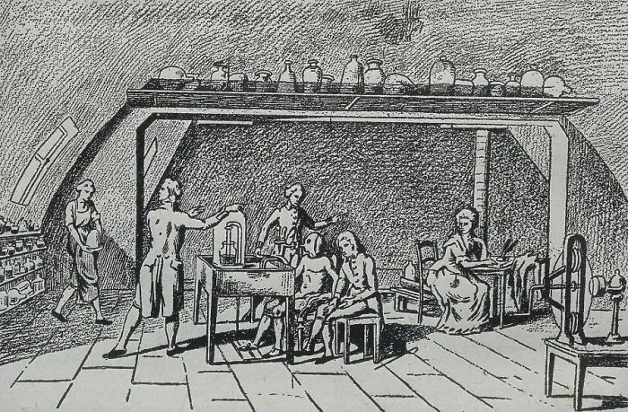 Framed Print : LAVOISIER, Marie Anne Pierrette (1758-1836); Lavoisier, Antoine-Laurent (1743-1794). Lavoisier and his breathing experiments. Engraving after a drawing by Madame Lavoisier