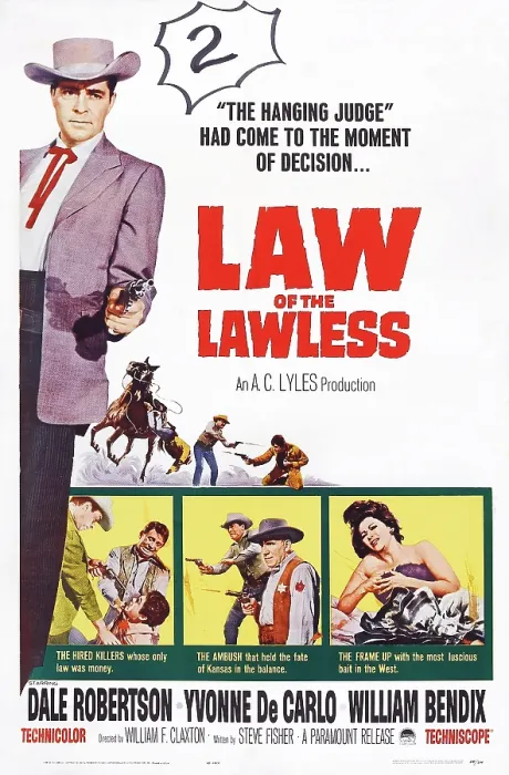 Framed Print : LAW OF THE LAWLESS, US poster art, Dale Robertson, (left), William Bendix, (bottom, center), Yvonne DeCarlo, (bottom right), 1964