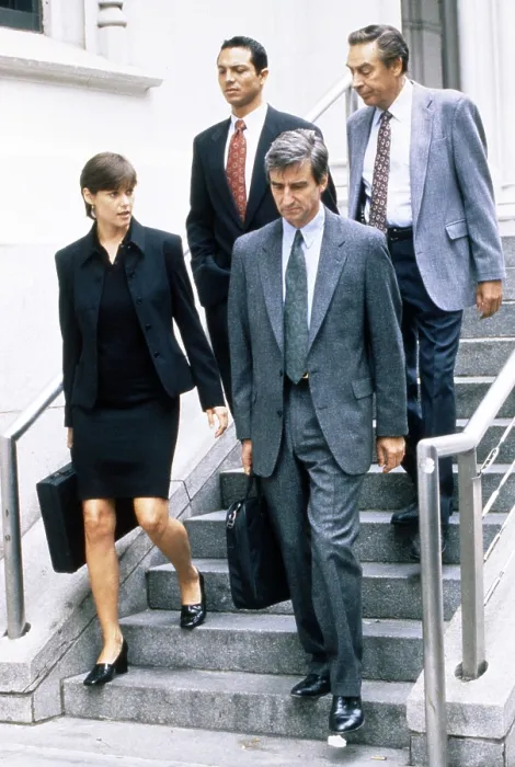 Framed Print : LAW & ORDER, from left: Carey Lowell, Benjamin Bratt, Sam Waterston, Jerry Orbach, 1990-2010