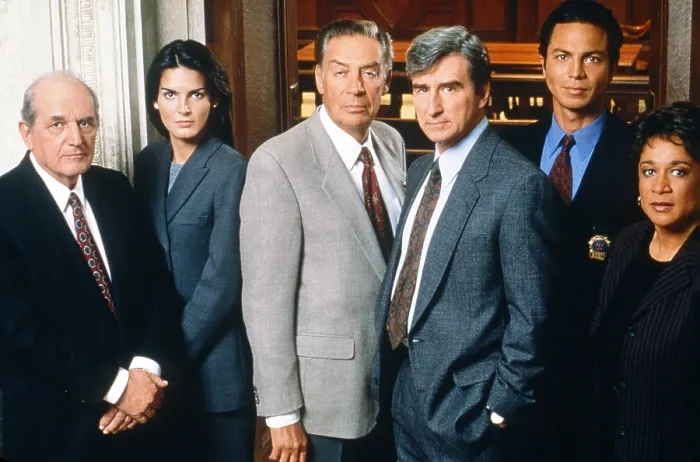Framed Print : LAW & ORDER, from left: Steven Hill, Angie Harmon, Jerry Orbach, Sam Waterston, Benjamin Bratt, S. Epatha Merkerson, season 9, 1990-2010