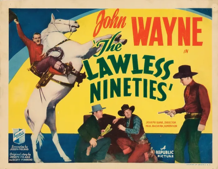 Framed Print : THE LAWLESS NINETIES, lobbycard, from top, John Wayne, Harry Woods, Al Bridge, John Wayne, 1936