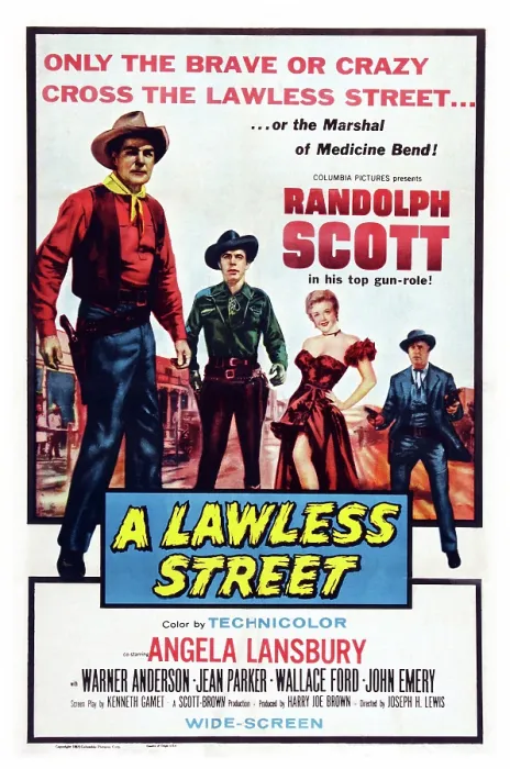 Framed Print : A LAWLESS STREET, US poster art, from left: Randolph Scott, Michael Pate, Angela Lansbury, Warner Anderson, 1955 Framed Print : A LAWLESS STREET, US poster art, from left: Randolph Scott, Michael Pate, Angela Lansbury, Warner Anderson, 1955