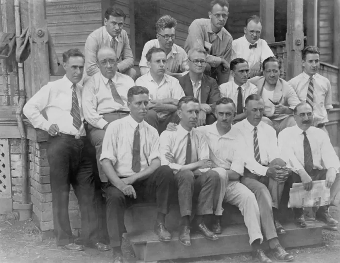 Framed Print : Lawyers, scientists, and supporters of the legal challenge to anti-evolution law, July 1925. Dayton, Tennessee. Standing at left: John R. Neal. Standing at right: W.E. Wheelock Framed Print : Lawyers, scientists, and supporters of the legal challenge to anti-evolution law, July 1925. Dayton, Tennessee. Standing at left: John R. Neal. Standing at right: W.E. Wheelock