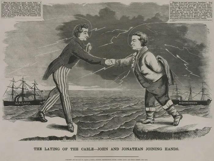 Framed Print : The laying of the cable---John, and Jonathan joining hands, 1858, celebrates the successful completion of the first Atlantic telegraph cable in August 1858 Framed Print : The laying of the cable---John, and Jonathan joining hands, 1858, celebrates the successful completion of the first Atlantic telegraph cable in August 1858