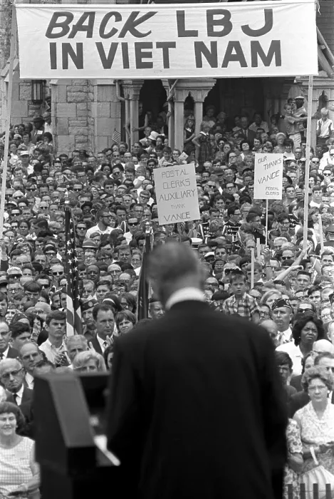 Framed Print : Back LBJ in Vietnam reads a sign in Indianapolis, as President Lyndon Johnson speaks