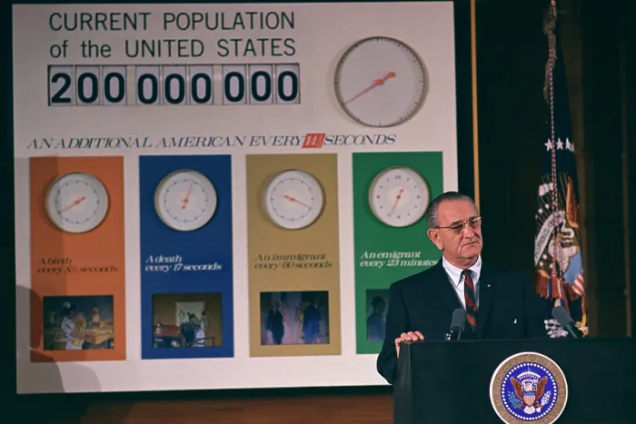 Framed Print : LBJ's Great Society programs. President Lyndon Johnson at a ceremony commemorating the birth of the 200-Millionth American