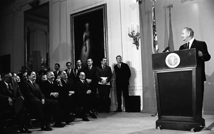 Framed Print : LBJ's Great Society programs. President Lyndon Johnson delivering remarks prior to signing the Public Broadcasting Act of 1967