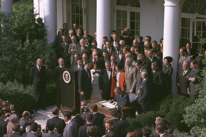 Framed Print : LBJ's Great Society programs. President Lyndon Johnson signing the Arts and Humanities Bill in the White House Rose Garden Framed Print : LBJ's Great Society programs. President Lyndon Johnson signing the Arts and Humanities Bill in the White House Rose Garden