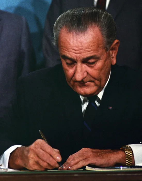 Framed Print : LBJ's Great Society programs. President Lyndon Johnson signing of Public Broadcasting Act of 1967, which created the Public Broadcasting Corporation. Nov. 7, 1967