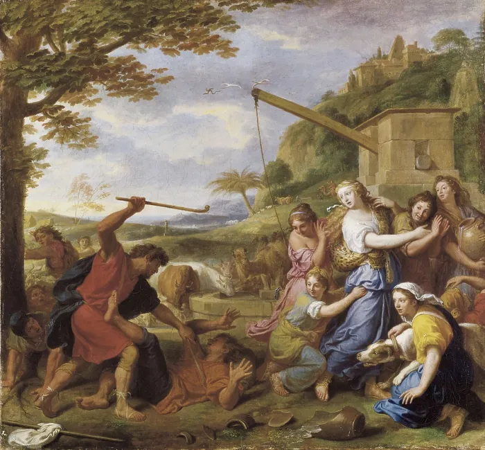 Framed Print : Le Brun, Charles (1619-1690). Moses Defending the Daughters of Jethro. Classicism. Oil on canvas. ITALY. Modena. Galleria e Museo Estense (Estense Art Gallery and Museum)