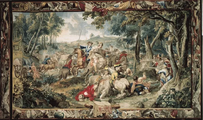 Framed Print : LE CLERC, JerOme (17th c.). Ambush. 1696. GERMANY. Munich. New Schleissheim Palace. Baroque art. Tapestry. - Paul Maeyaert / Iberfoto / Everett Collection (145147)**US SALES ONLY**
