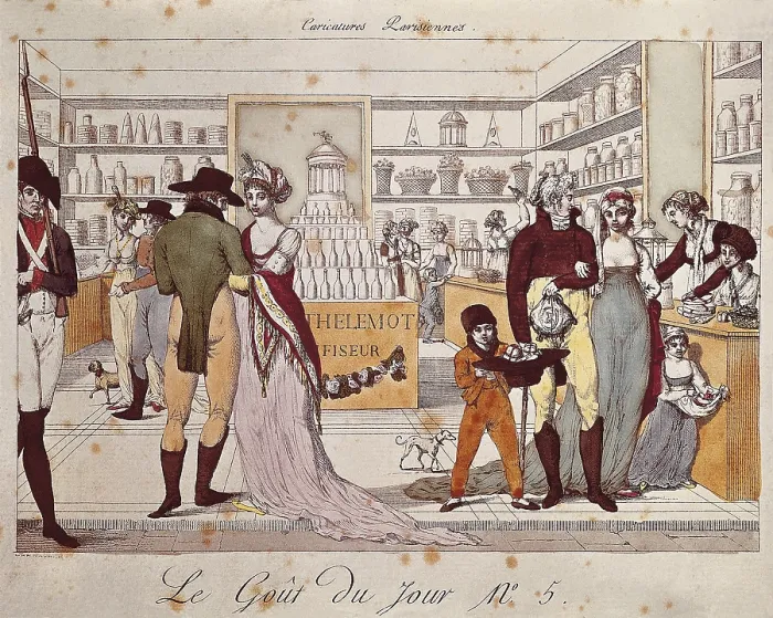 Framed Print : Le gOut du jour. Interior of a shop selling sweets. Plate 5 of the series 'Caricatures Parisiennes' published by Aaron Martinet in Paris c. 1802. Etching