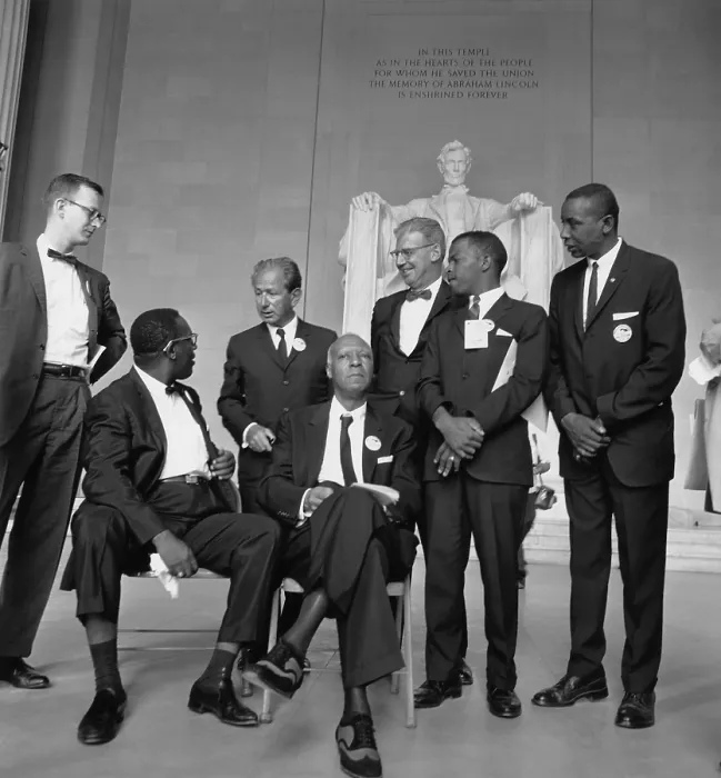 Framed Print : Leaders of the 1963 March on Washington at the Lincoln Memorial. L to R: Mathew Ahmann, Cleveland Robinson, Rabbi Joachim Prinz, A