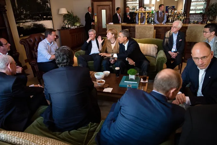 Framed Print : Leaders during the G8 Summit at Lough Erne Resort in Enniskillen, Northern Ireland. June 17, 2013. Counterclockwise from the Pres
