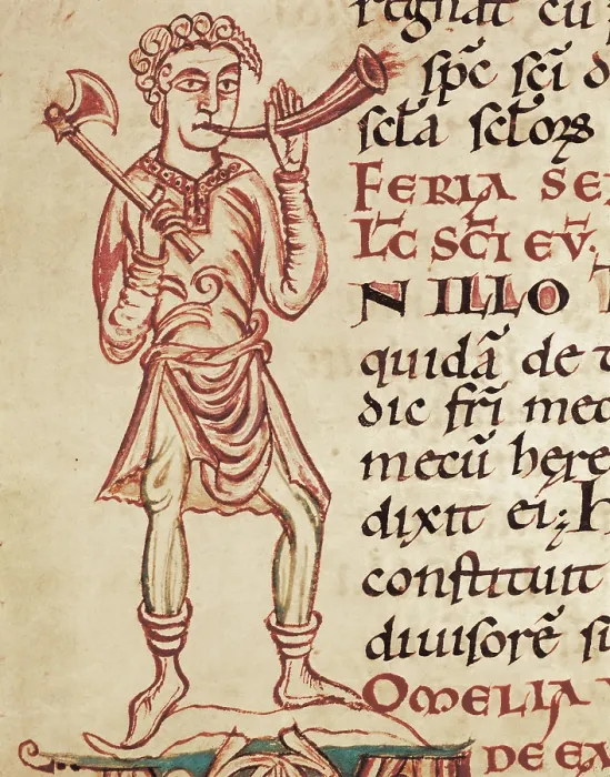 Framed Print : Lectionary of Cathedral of Reims: Character with an axe and a corn. French school, 11th century. Gothic art. FRANCE. Reims. Bibliothque Municipale (Municipal Library)