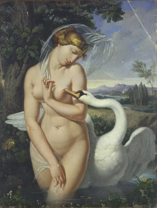 Framed Print : Leda, by Antonio Raffaele Calliano, 1810, 19th Century, oil on canvas, 97 x 72 cm - Italy, Lombardy, Milan, Brera Collection. Whole artwork view. Leda with the snow