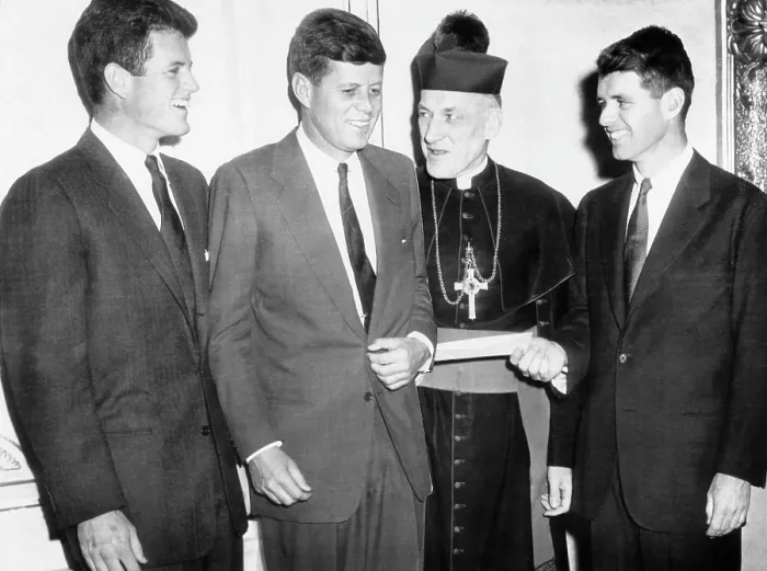 Framed Print : From left, Edward Kennedy, John Kennedy, Archbishop Cushing, Robert Kennedy, with check from Joseph P Framed Print : From left, Edward Kennedy, John Kennedy, Archbishop Cushing, Robert Kennedy, with check from Joseph P