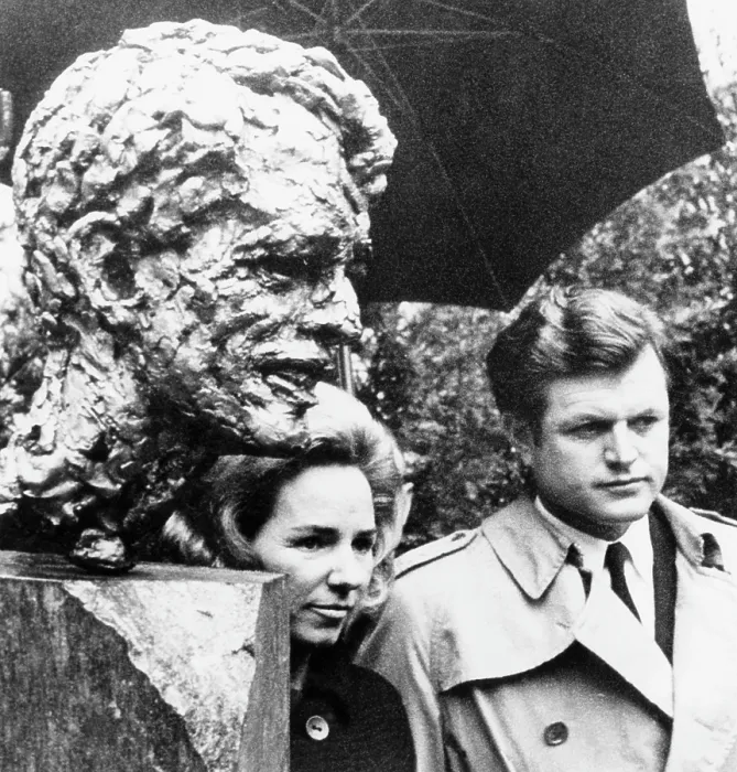 Framed Print : From left, Ethel Kennedy, Senator Edward Kennedy, at unveiling of bronze bust of Robert Kennedy (by Robert Berks), Washington, January 18, 1969